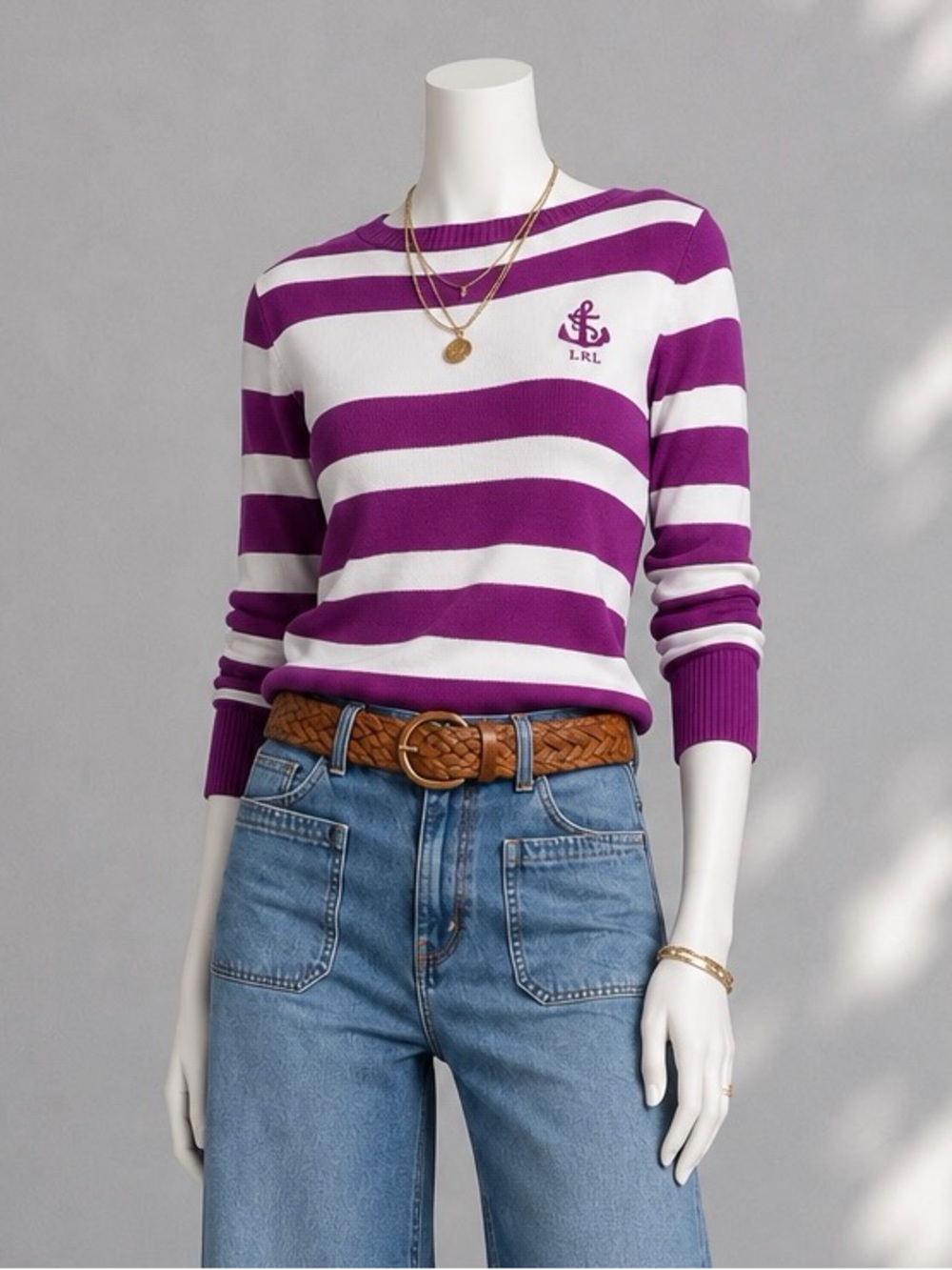 Lauren Ralph Lauren Nautical Crest Sweater Petite S Purple White Striped